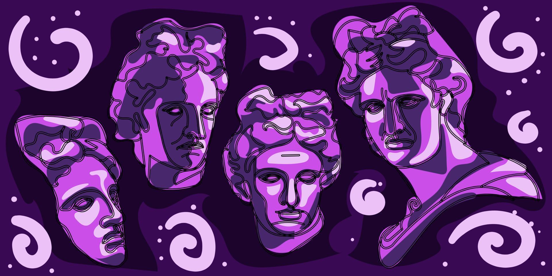 A rave set of psychedelic acid in style. The head of the Apollo Belvedere in different angles. Bright acidic color palette. Abstract spots. Sculpture, figure, form of historical mythological people vector