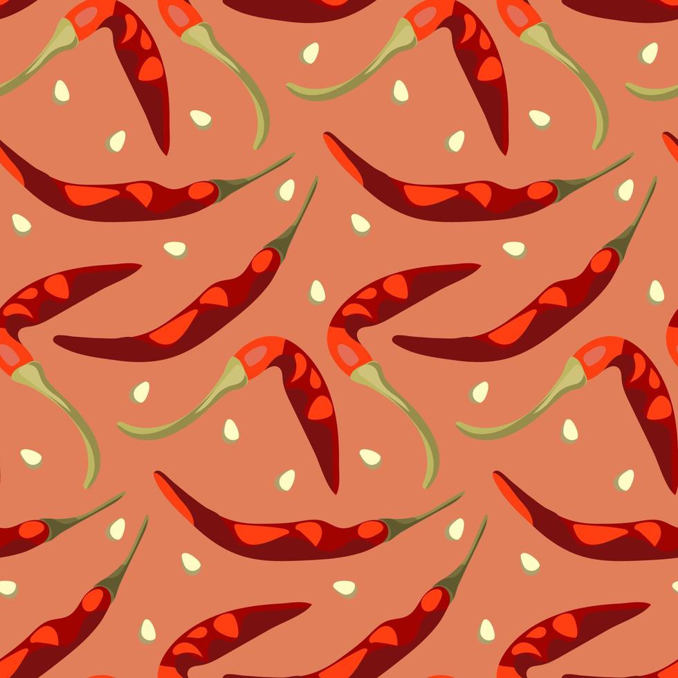 A pattern of hot chili peppers. Asian hot pepper with seeds on a pink background. Suitable for printing flyers, banners, packaging for establishments and gift. vector
