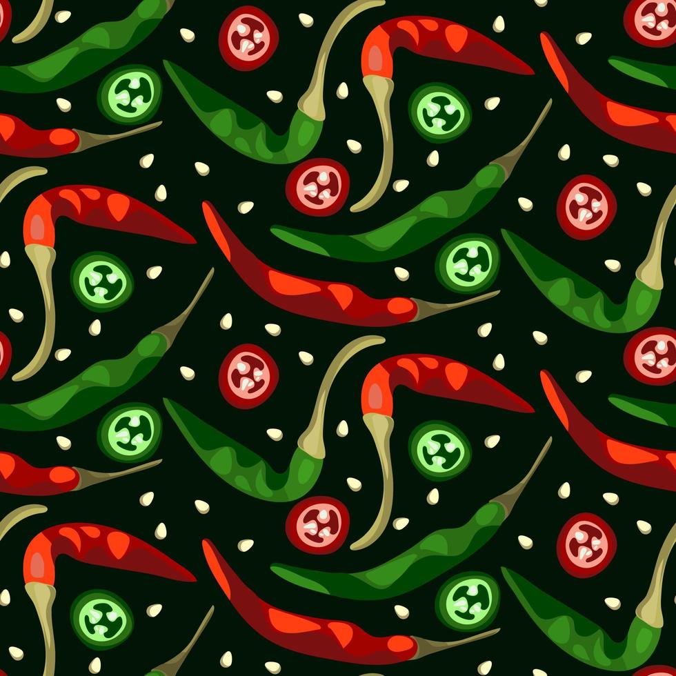 A pattern of hot chili peppers and jalapenos. Latin American hot pepper in a section on a dark background. Suitable for printing flyers, banners, packaging for establishments and gift. vector