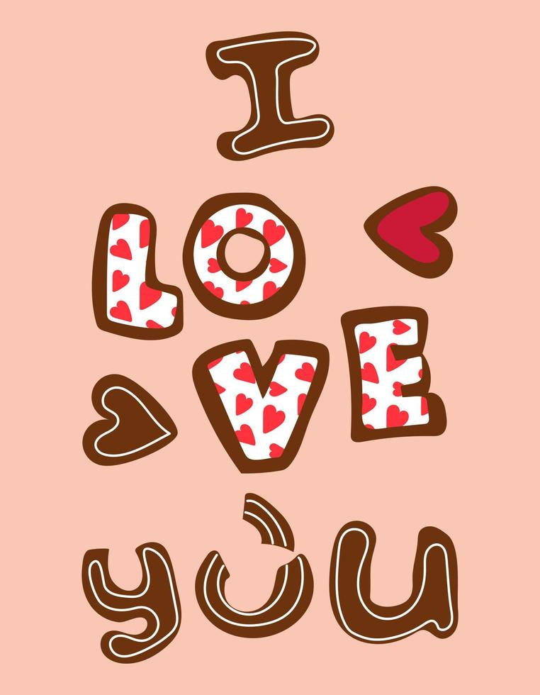 Letters love in the form of cookies with icing. Ginger cookies in the shape of letters with a contour of glaze. Background for printing a postcard with cookies vector