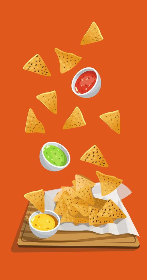 Illustration of falling Mexican food nachos with sauces on a tray with a napkin. All on an orange background. Bright kitchen illustration. Suitable for printing on banners and flyers, restaurant menus vector