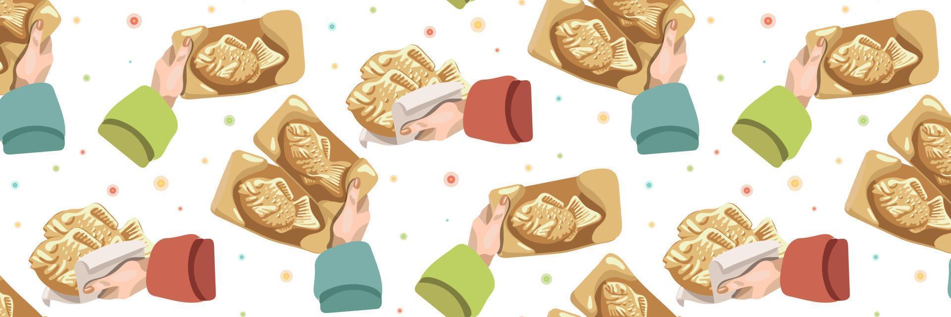 Background of Korean cuisine called Bunjeoppang. Street Korean food in the hands on a white background with colored lanterns. Fish-shaped pies with stuffing.Suitable for printing on textiles and paper vector