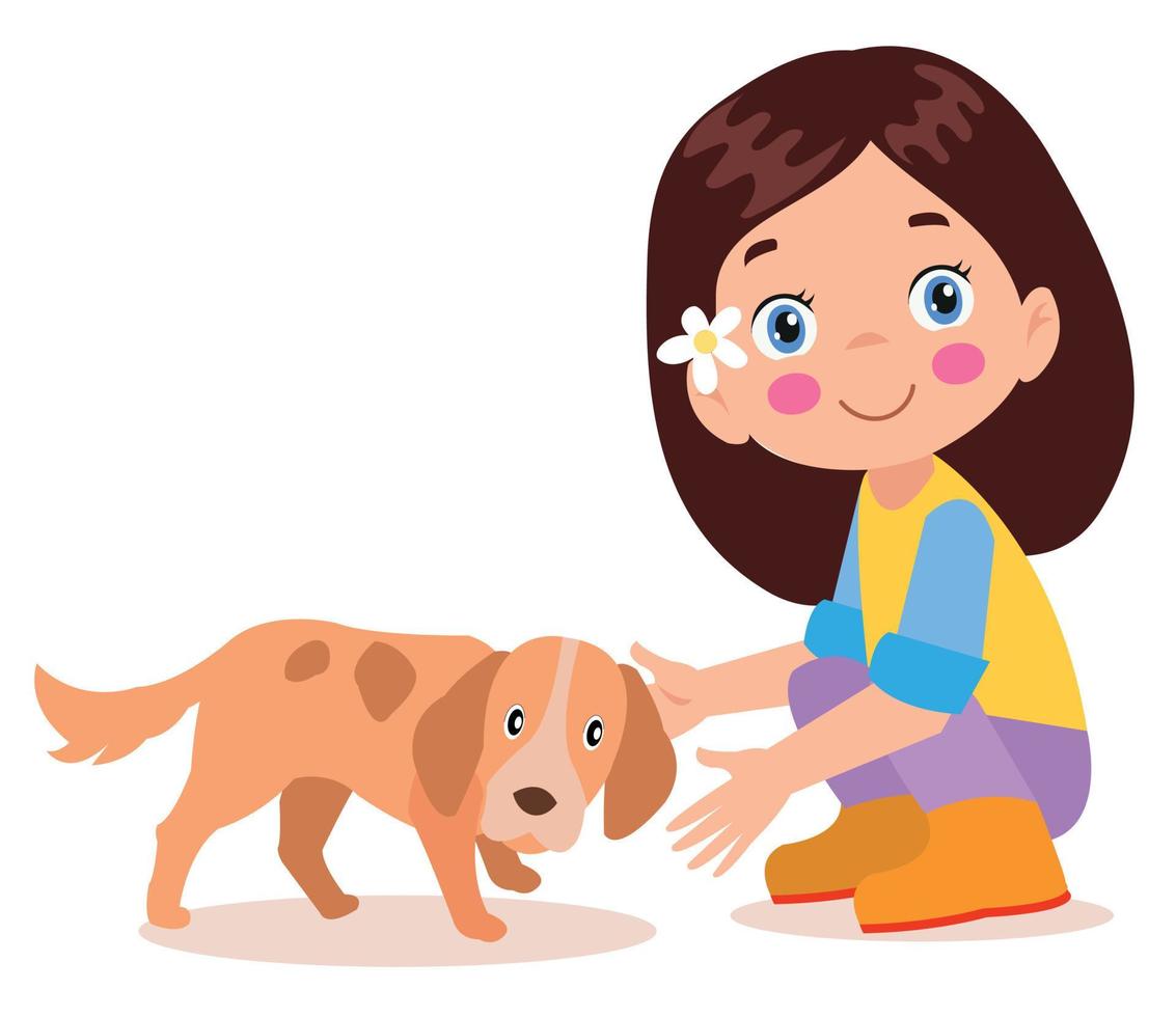 happy cute little kid play with dog vector