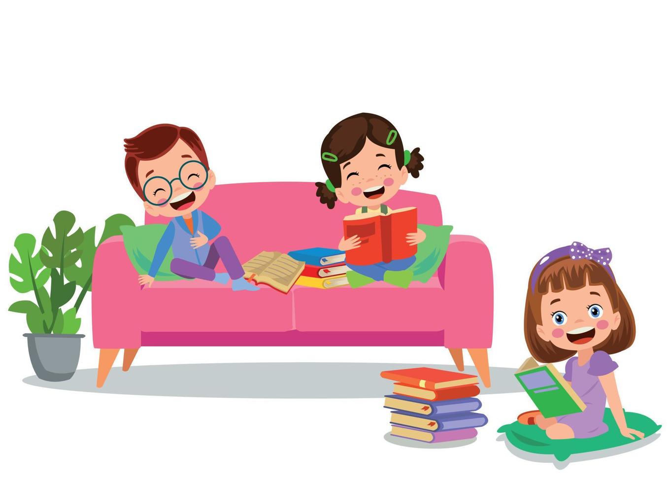 niños sentados en el sofá leyendo un libro vector