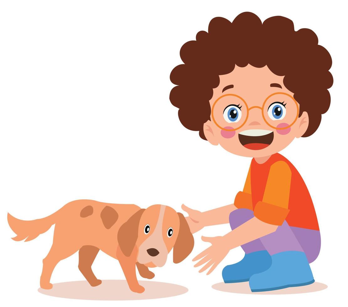 niño pequeño lindo feliz jugar con el perro vector