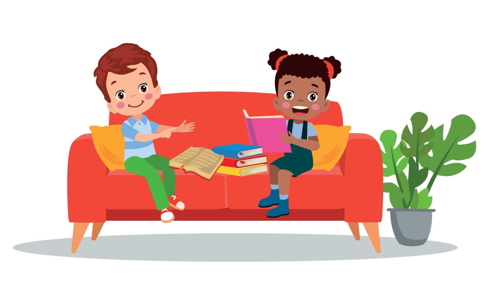 children sitting on sofa reading a book vector