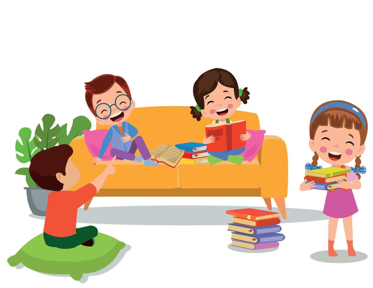 niños sentados en el sofá leyendo un libro vector