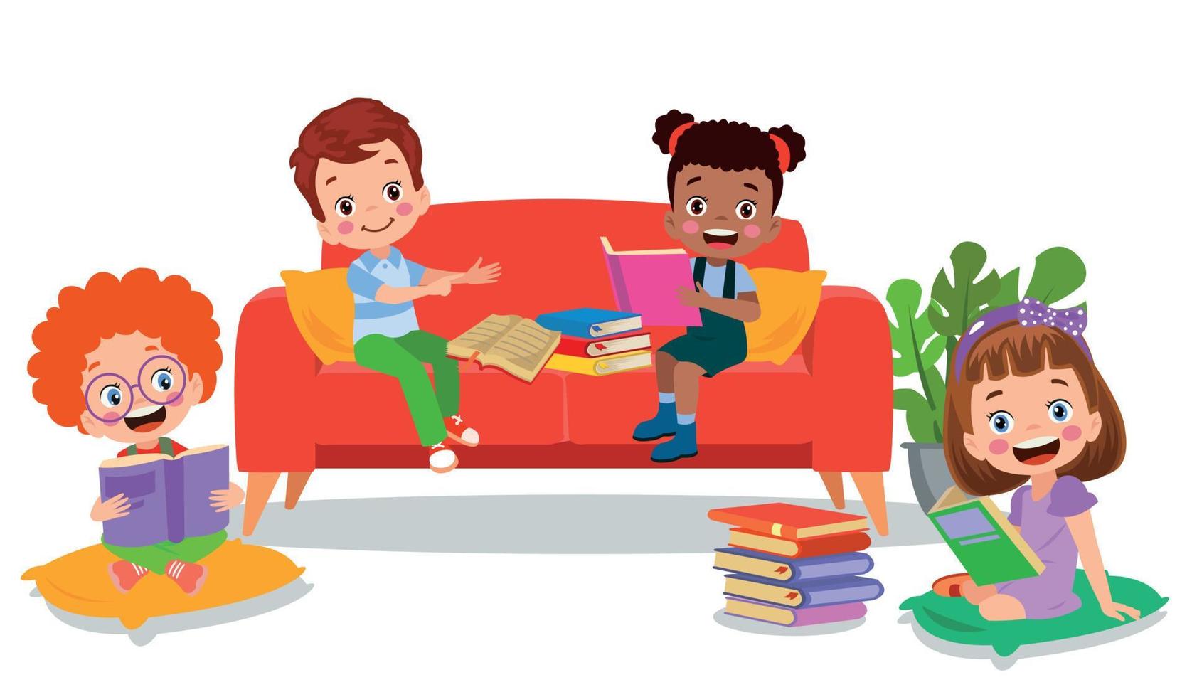 niños sentados en el sofá leyendo un libro vector