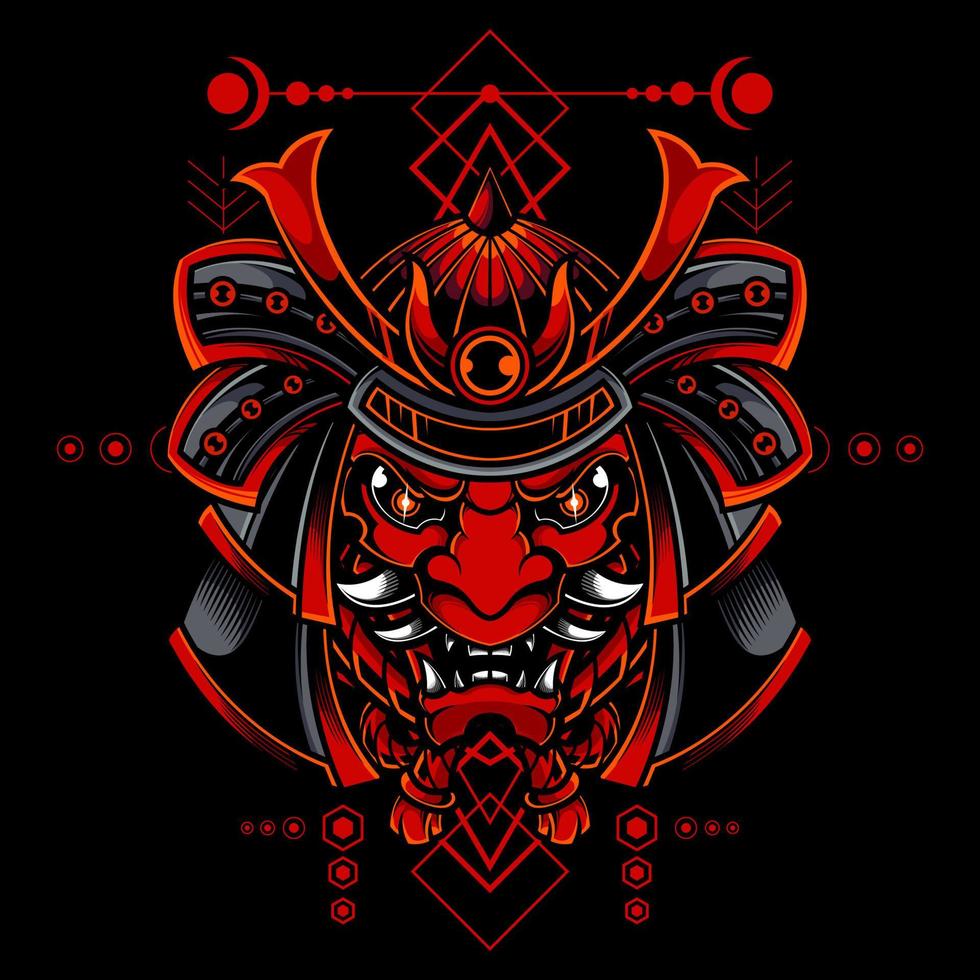 samurai japonés oni máscara cráneo ronin con ilustración de logotipo de geometría sagrada vector
