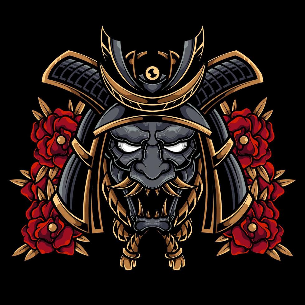 samurai japonés oni máscara cráneo ronin con ilustración de logotipo de flor vector
