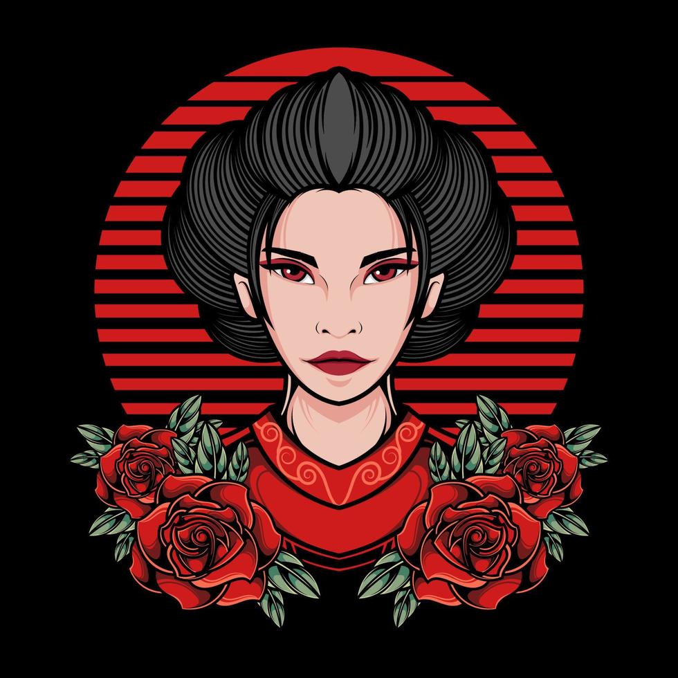 geisha japonesa con ilustración de logotipo de fondo de flor y luna roja vector