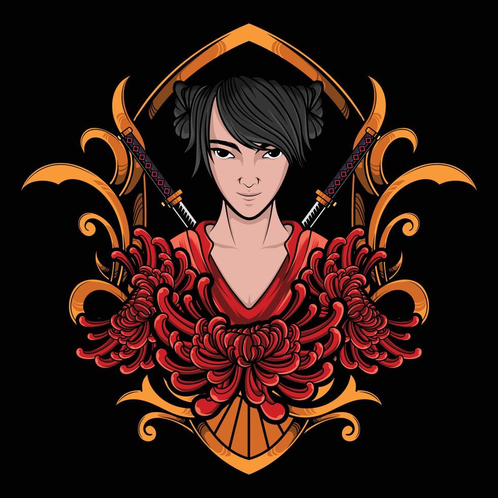 espada asesina de geisha japonesa con marco de flores y adornos vector