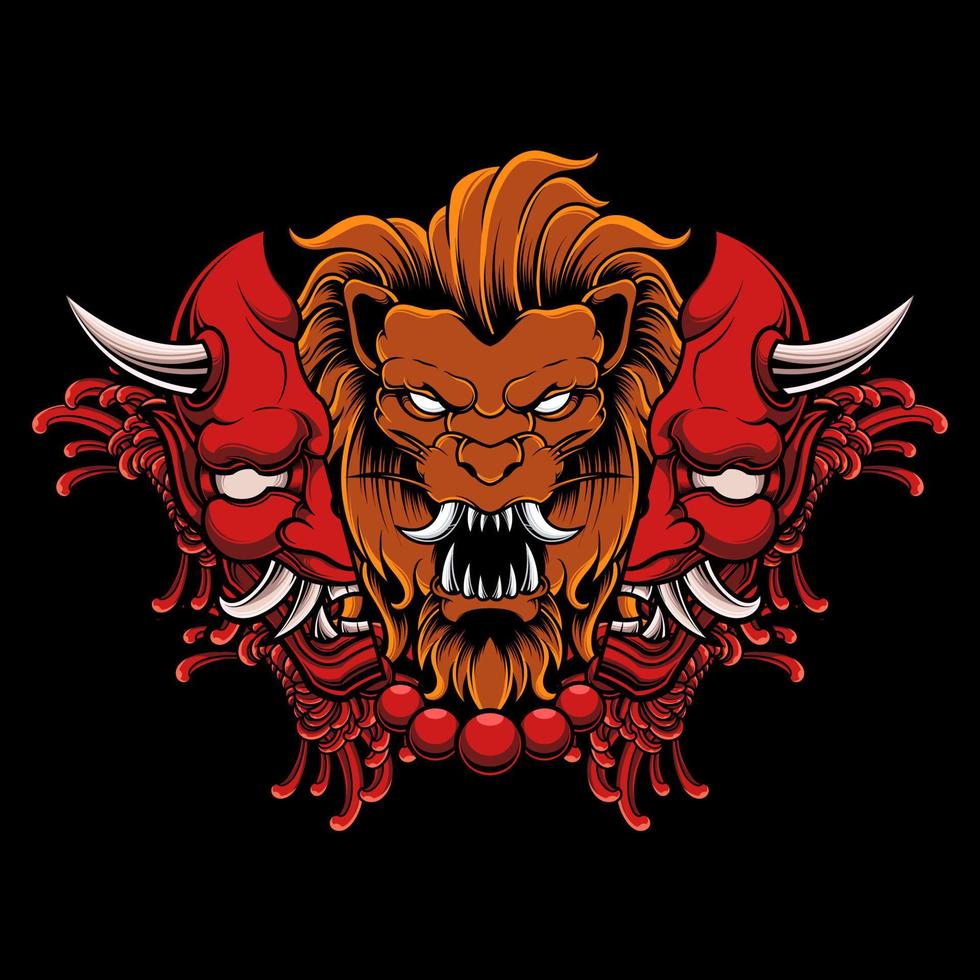 LION WITH HANNYA ONI MASK VECTOR ILLUSTRATION