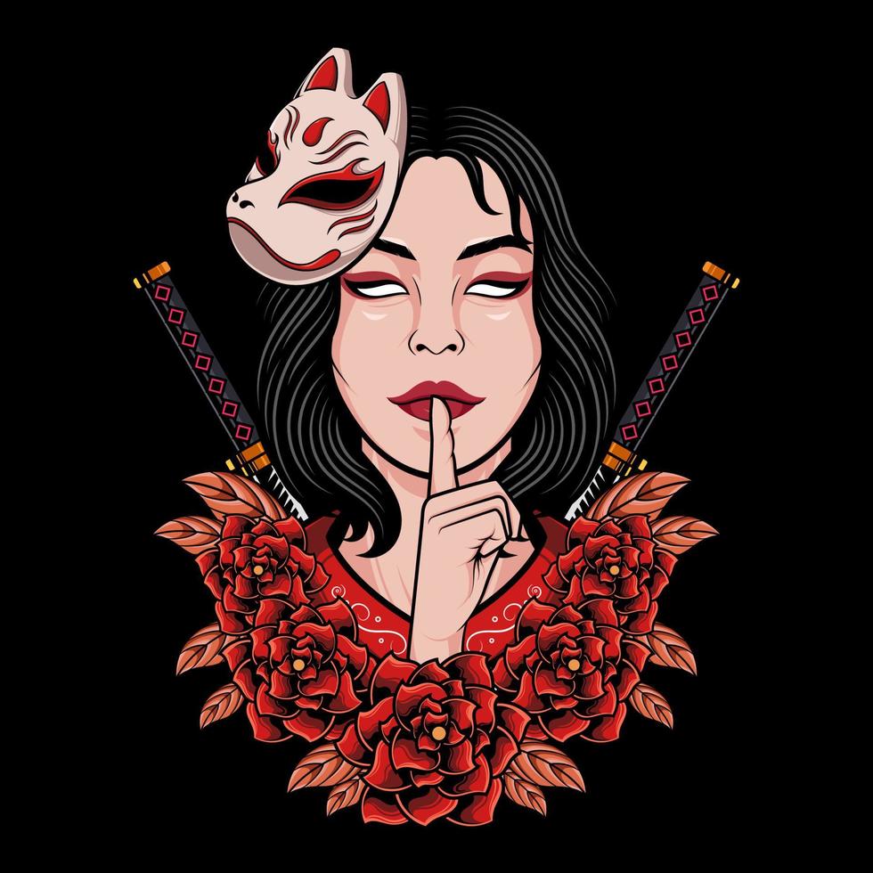 geisha femenina japonesa con ilustración de logotipo de flor y katana vector