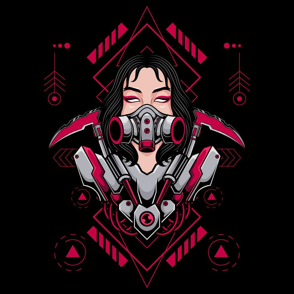 JAPANESE FUTURISTIC CYBER GIRL WEARING GAS MASK LOGO ILLUSTRATION vector