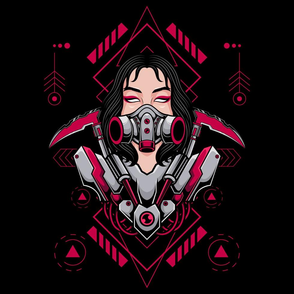 JAPANESE FUTURISTIC CYBER GIRL WEARING GAS MASK LOGO ILLUSTRATION vector