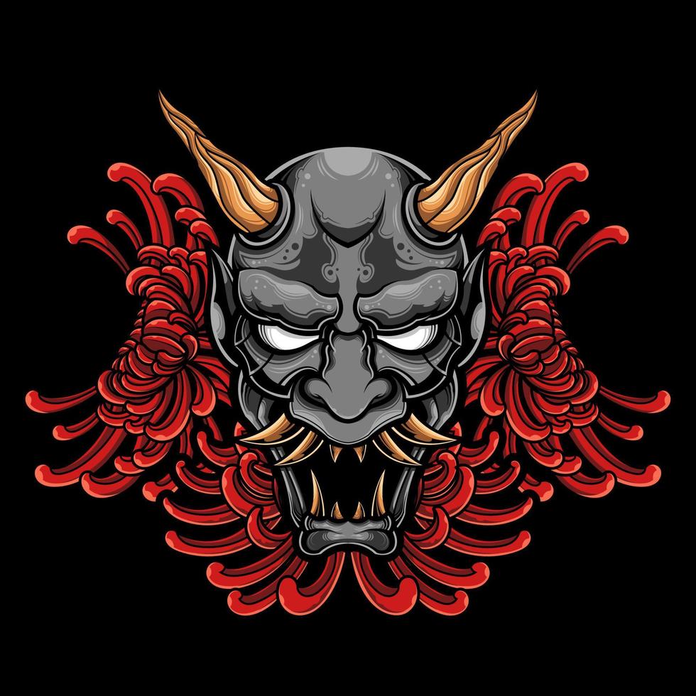 Hannya oni mask vector with chrysanthemum flower