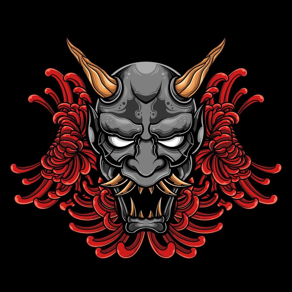 Hannya oni mask vector with chrysanthemum flower