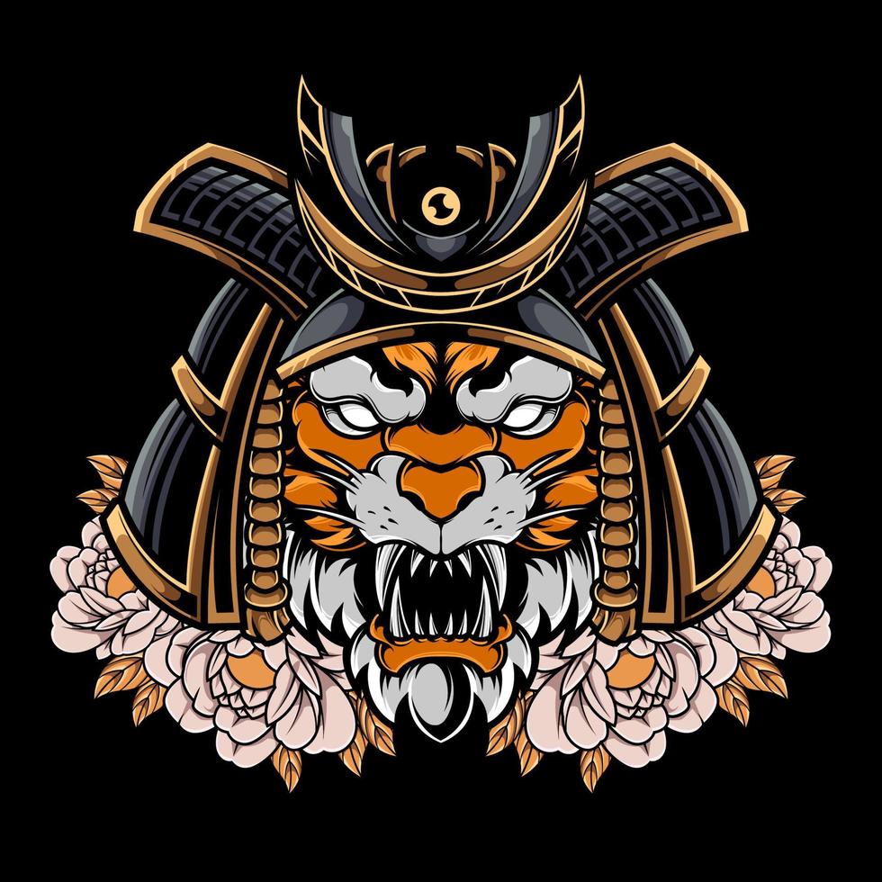 tigre samurái mítico japonés con ilustración de logotipo de flor vector