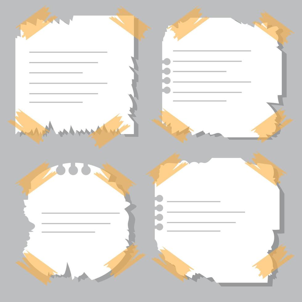 diseño de páginas rasgadas. notas de papel rasgadas bordes rasgados con cinta, bloc de notas vectorial papelería de color realista papel de notas en blanco vector