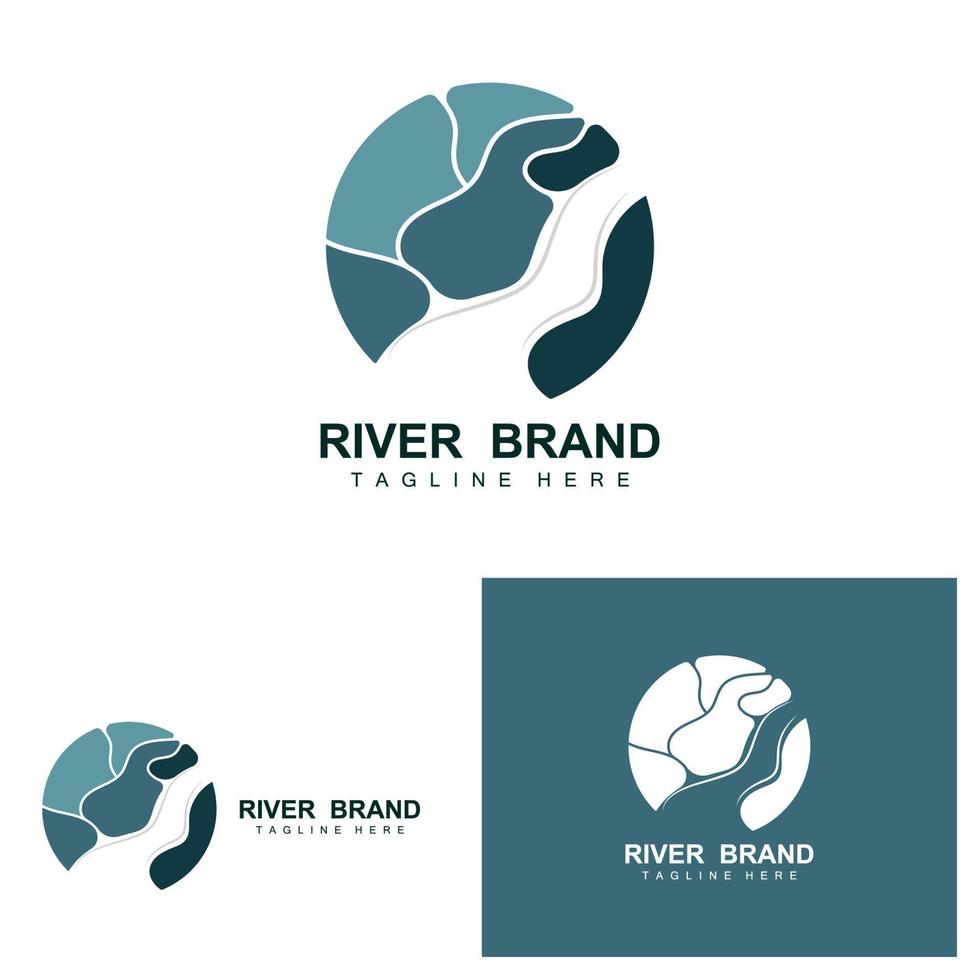 diseño del logo del río, vector de la cala del río, ilustración de la orilla del río con una combinación de montañas y naturaleza, marca de producto