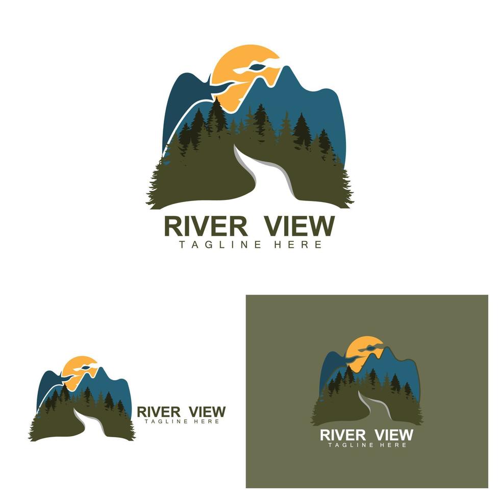 diseño del logo del río, vector de la cala del río, ilustración de la orilla del río con una combinación de montañas y naturaleza, marca de producto