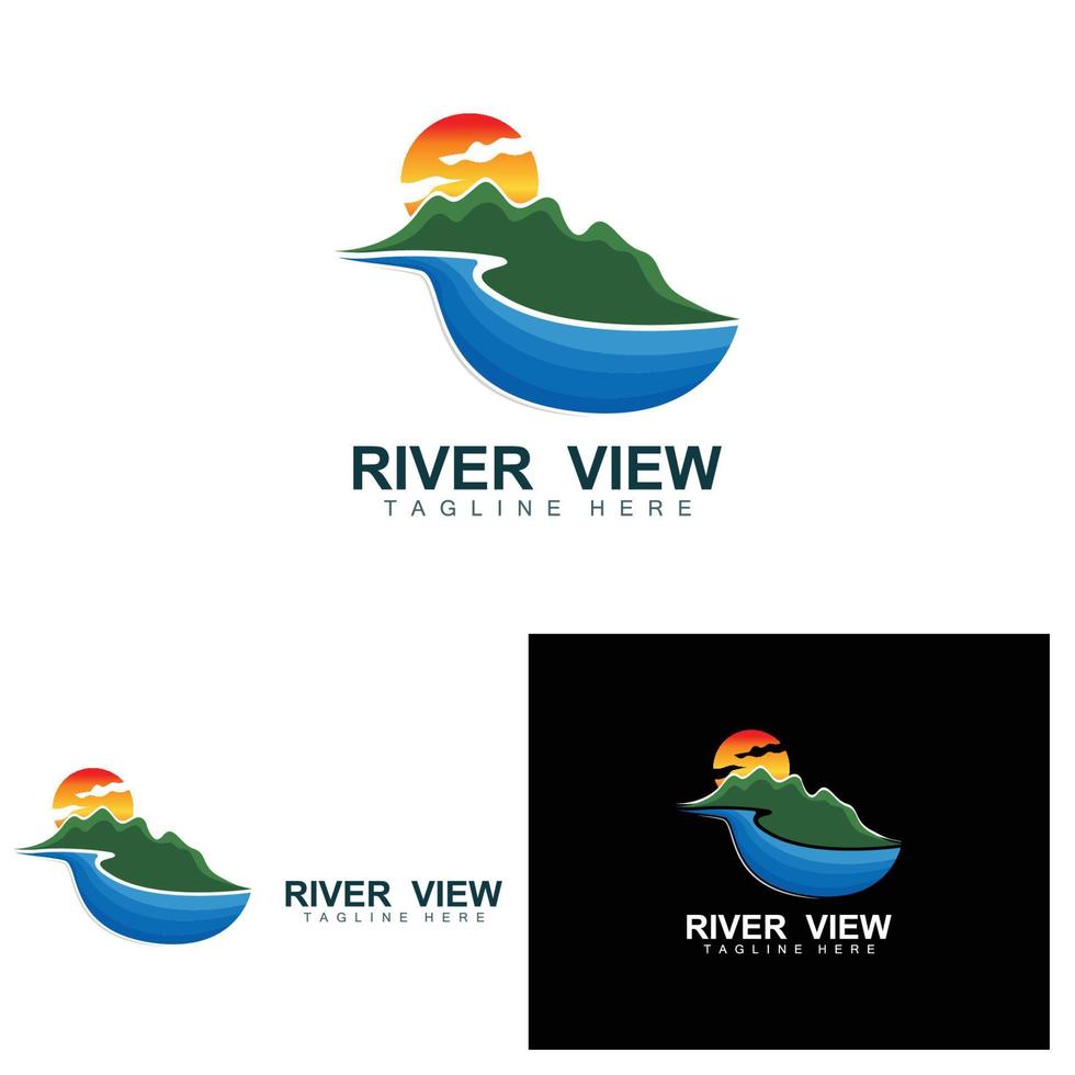 diseño del logo del río, vector de la cala del río, ilustración de la orilla del río con una combinación de montañas y naturaleza, marca de producto