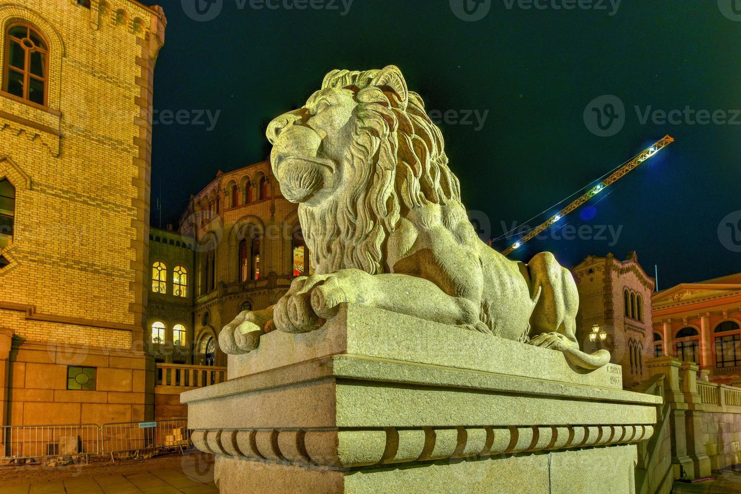 The Storting building at night. It is the seat of the Storting, the parliament of Norway, located in central Oslo. photo