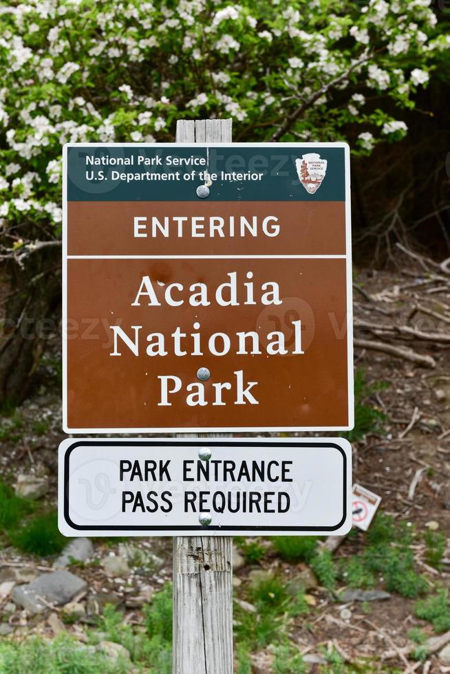 Entrance sign to Acadia National Park at Bar Island, Maine. photo