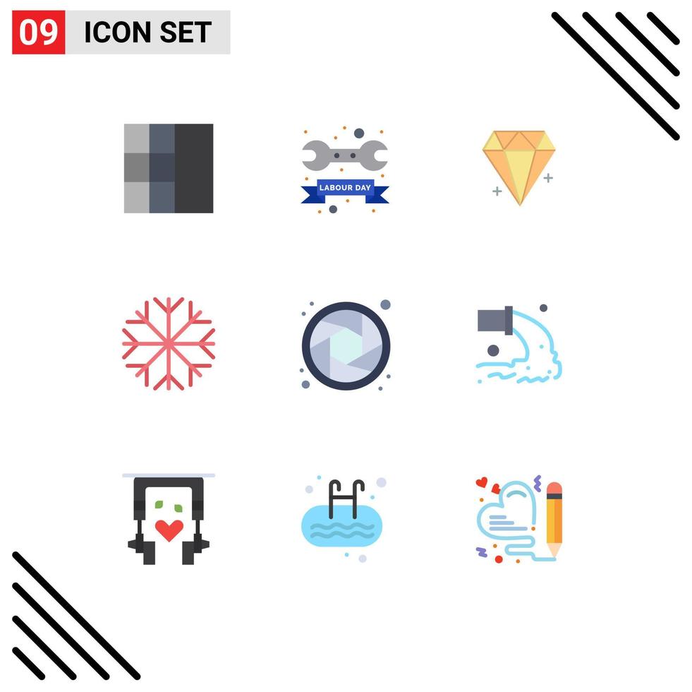 Mobile Interface Flat Color Set of 9 Pictograms of pipe lens ecommerce camera snowflake Editable Vector Design Elements