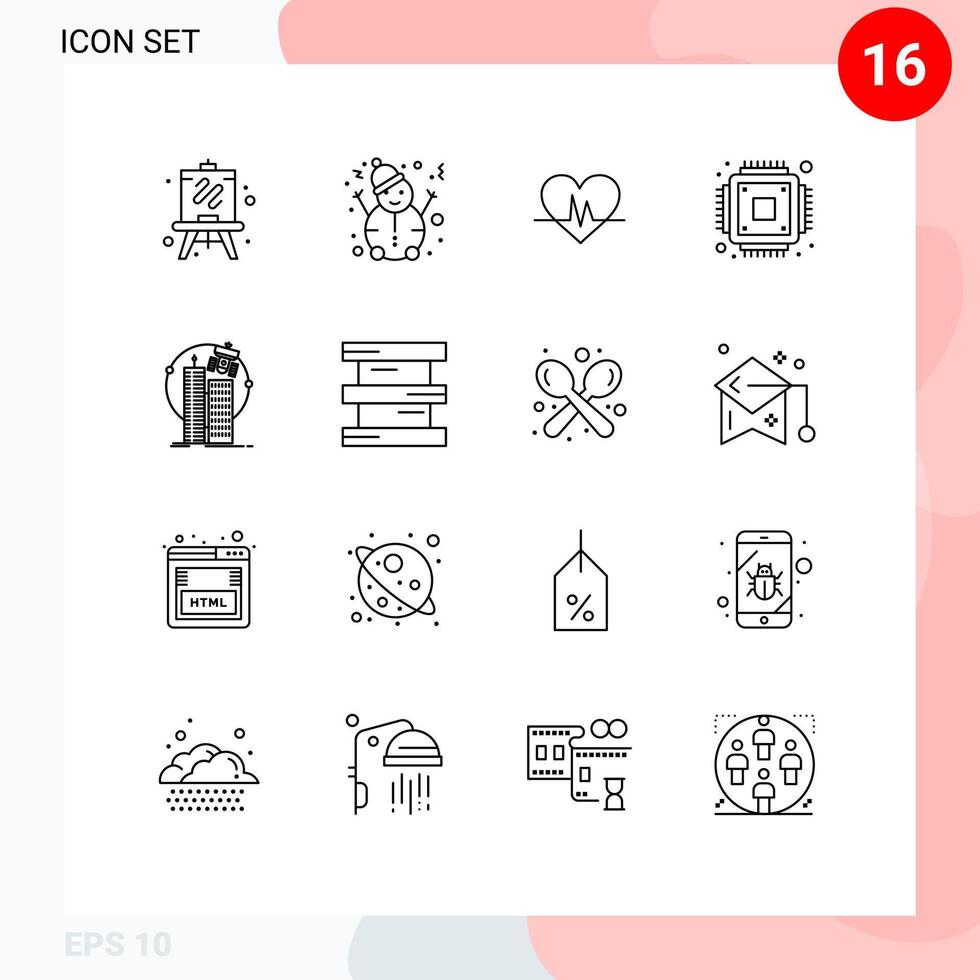 Universal Icon Symbols Group of 16 Modern Outlines of corporation technology heartbeat smart city microchip Editable Vector Design Elements