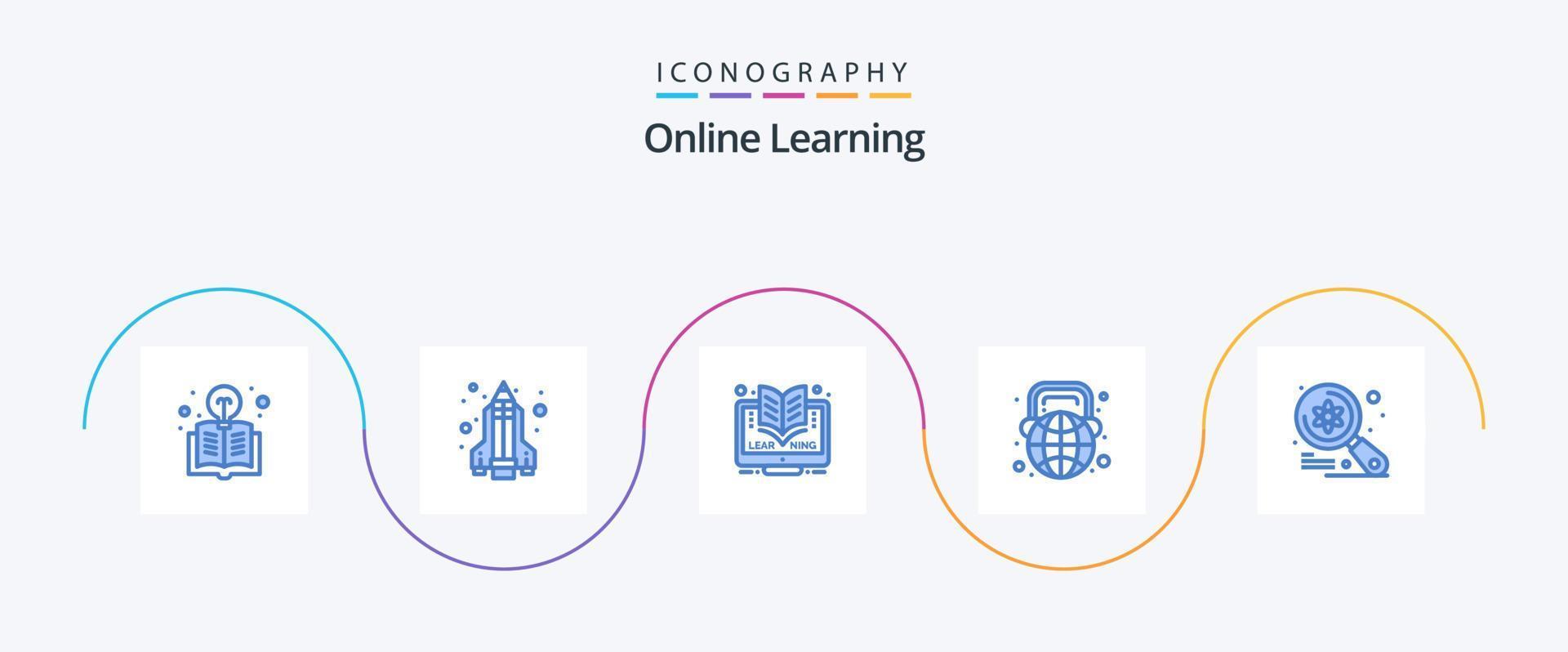 Online Learning Blue 5 Icon Pack Including examine. headphone. elearning. world. globe vector