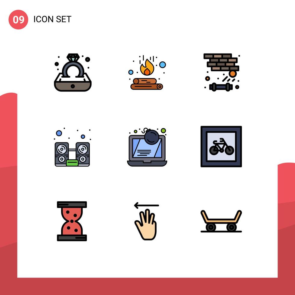 Universal Icon Symbols Group of 9 Modern Filledline Flat Colors of bomb speaker brick music computer Editable Vector Design Elements