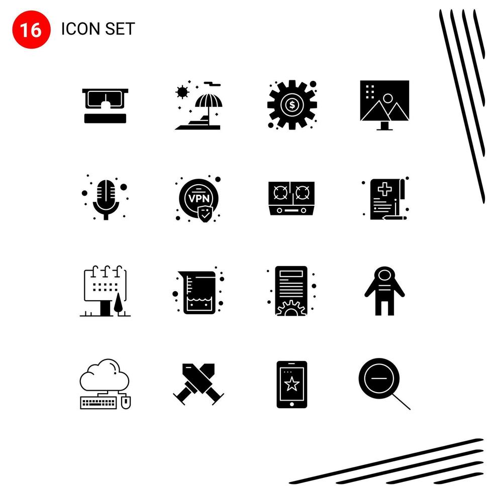 Stock Vector Icon Pack of 16 Line Signs and Symbols for microphone photo retouching gear photo editing image editing Editable Vector Design Elements