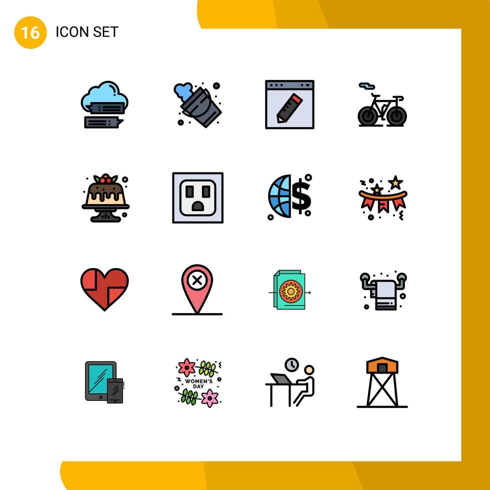 User Interface Pack of 16 Basic Flat Color Filled Lines of bakery outline tool bicycle education Editable Creative Vector Design Elements