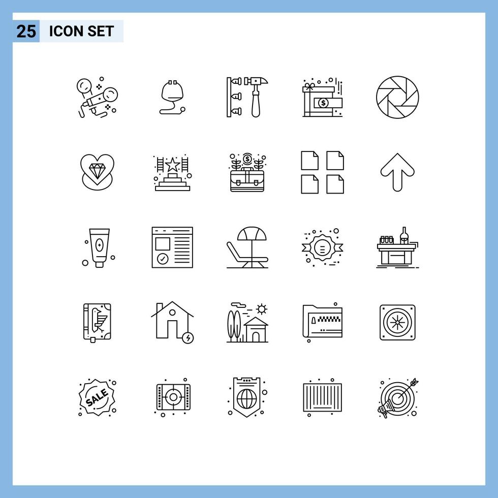 Stock Vector Icon Pack of 25 Line Signs and Symbols for camera reward screw present achievement Editable Vector Design Elements