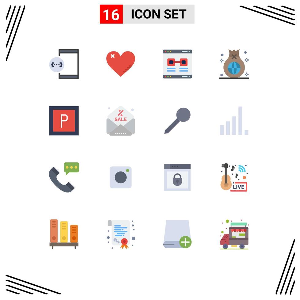 Flat Color Pack of 16 Universal Symbols of finance bag favorite window promote Editable Pack of Creative Vector Design Elements