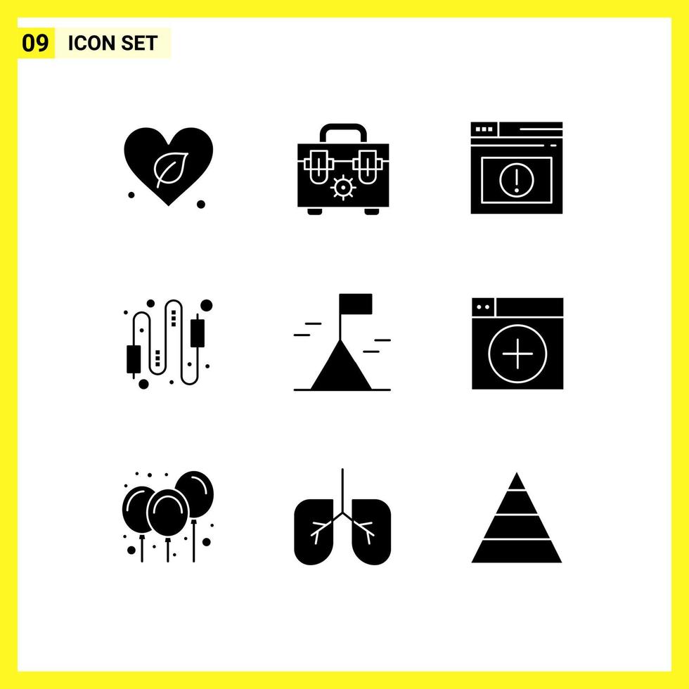 Mobile Interface Solid Glyph Set of 9 Pictograms of mountain electric alert connection cable Editable Vector Design Elements
