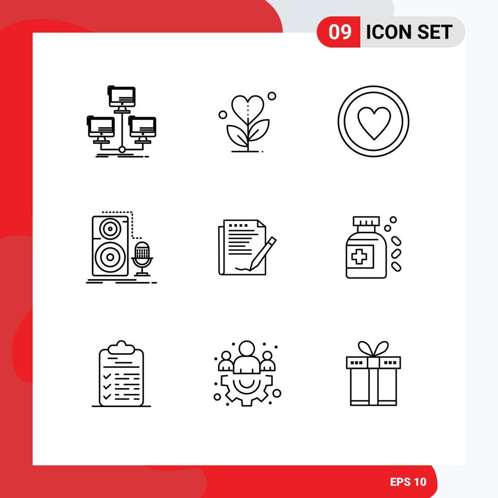 Group of 9 Outlines Signs and Symbols for record mic heart live heart Editable Vector Design Elements