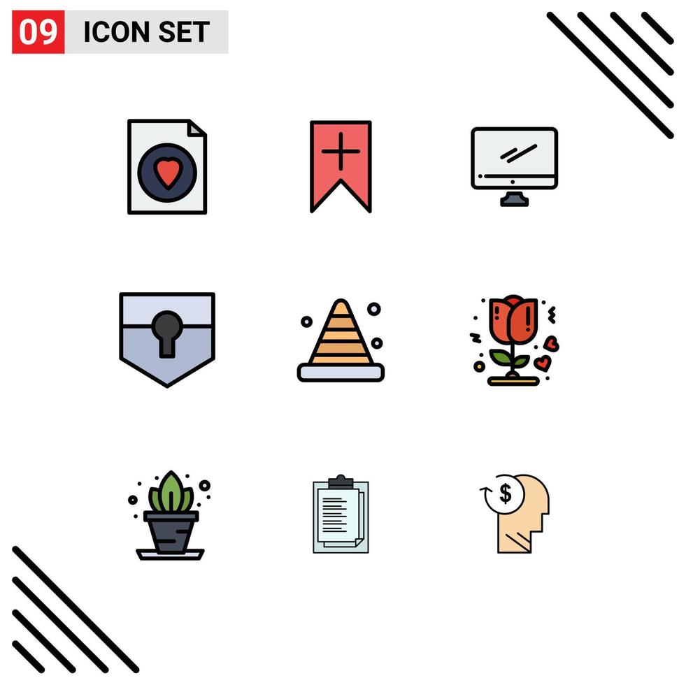 9 Universal Filledline Flat Colors Set for Web and Mobile Applications bumper shield monitor security key Editable Vector Design Elements