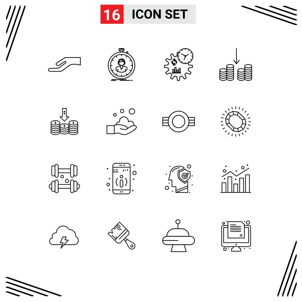 Set of 16 Vector Outlines on Grid for money coins business money cash Editable Vector Design Elements
