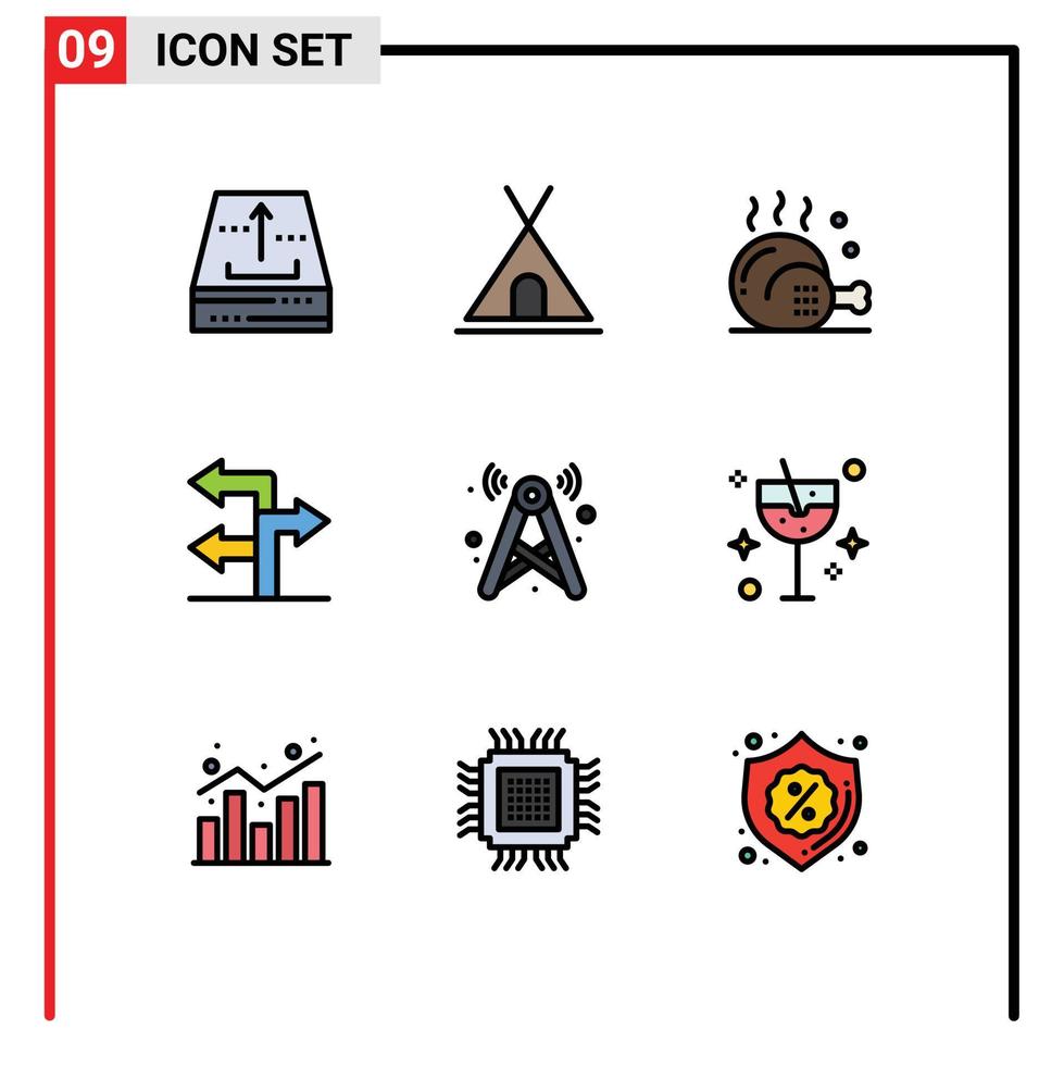 Mobile Interface Filledline Flat Color Set of 9 Pictograms of tower direction travel arrow food Editable Vector Design Elements