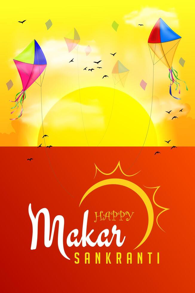 makar sankranti festival banner illustration with sun rising and kites flying vector