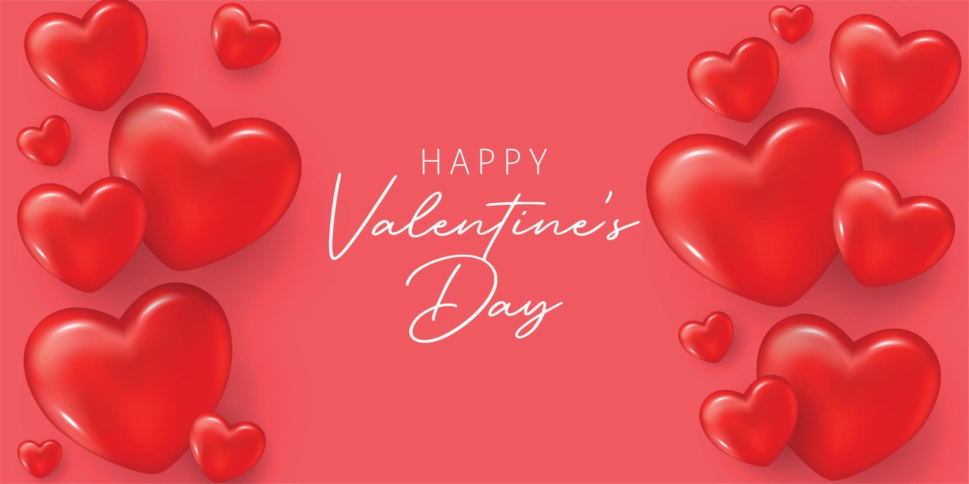 banner de feliz día de san valentín con corazones rojos 3d. plantilla publicitaria. fondo rojo mensaje de texto. tarjeta abstracta. tarjeta de regalo, invitación, pancarta, póster, diseño de vales vector