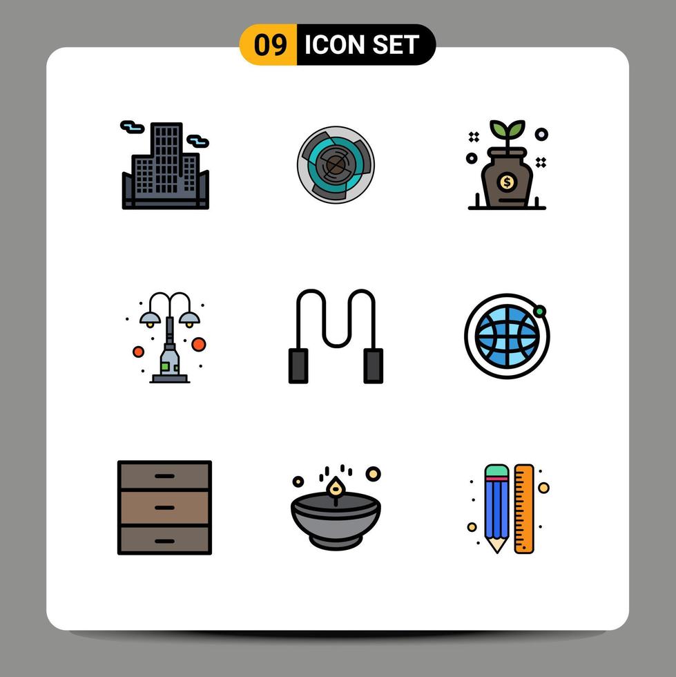 Pack of 9 creative Filledline Flat Colors of park light logic elements investment Editable Vector Design Elements