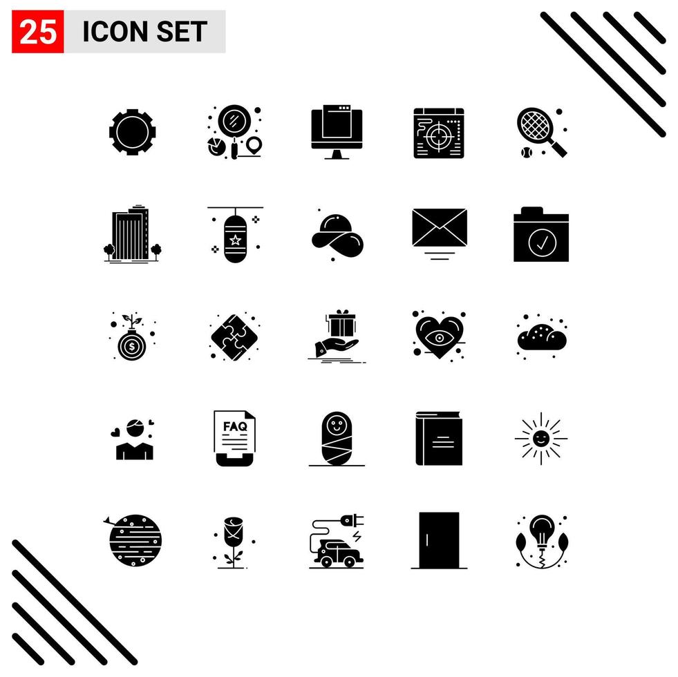 grupo de símbolos de iconos universales de 25 glifos sólidos modernos de elementos de diseño de vectores editables emergentes de negocios de computadora de destino deportivo