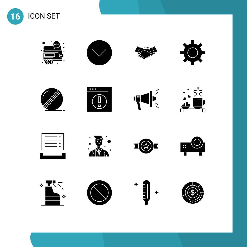 16 Thematic Vector Solid Glyphs and Editable Symbols of gear protection multimedia partnership hands Editable Vector Design Elements