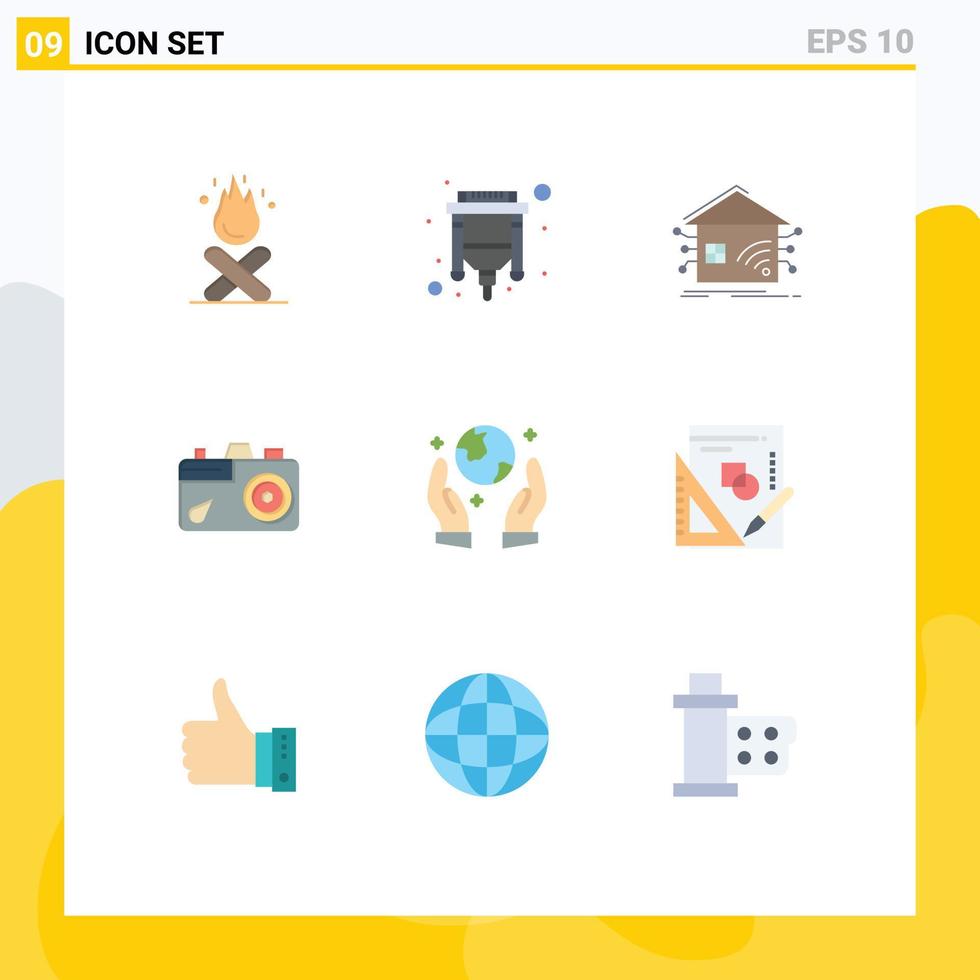 Pack of 9 creative Flat Colors of earth saving image automation education network Editable Vector Design Elements