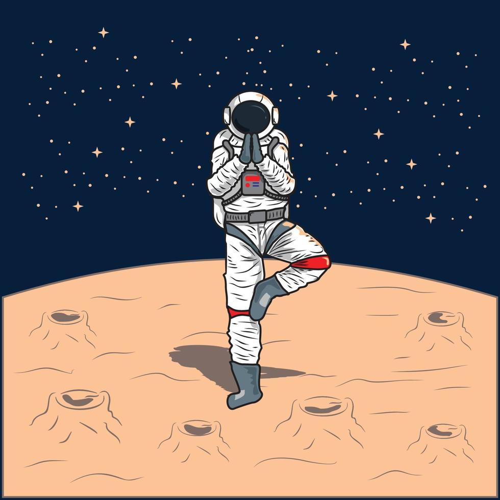 vector illustration - astronauts doing yoga on the moon - flat cartoon style