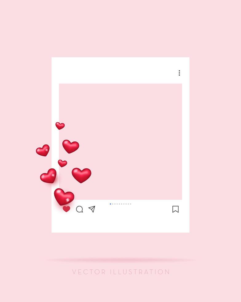 marco de fotos de redes sociales con corazones voladores 3d. ilustración vectorial en estilo minimalista vector